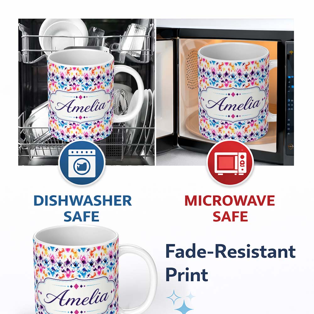 Personalized Custom Name Colorful Watercolor Ink Splash Abstract Artistic Seamless Pattern 11oz Ceramic Coffee Tea Mug White Large Handle