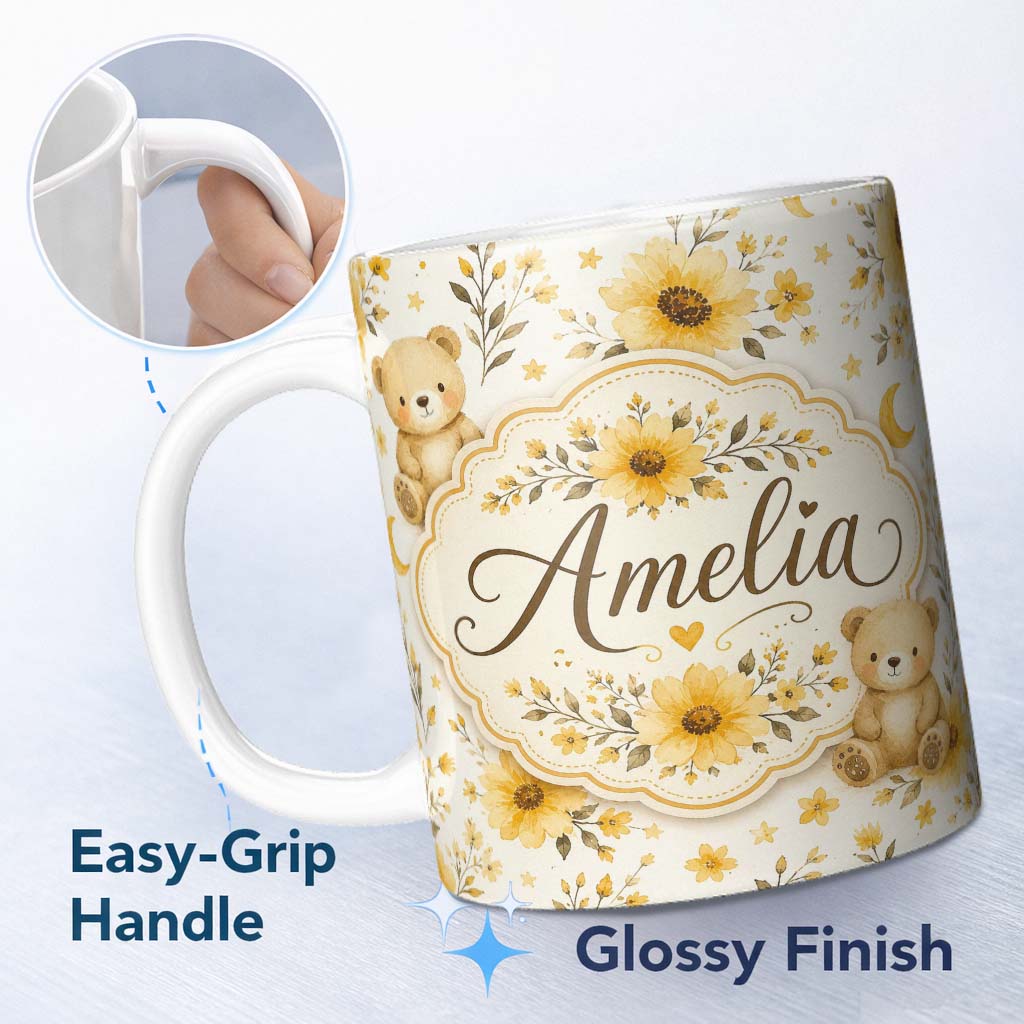 Personalized Custom Name Cute Teddy Bears with Yellow Flowers Seamless Pattern Lovely 11oz Ceramic Coffee Tea Mug White Large Handle