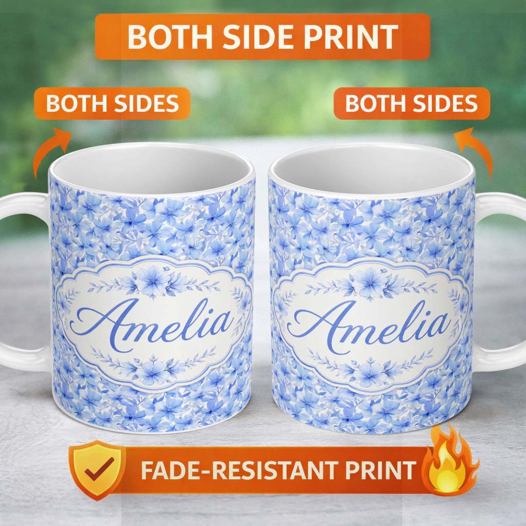 Personalized Custom Name Blue Watercolor Floral Dense Seamless Pattern Elegant Botanical 11oz Ceramic Coffee Tea Mug White Large Handle