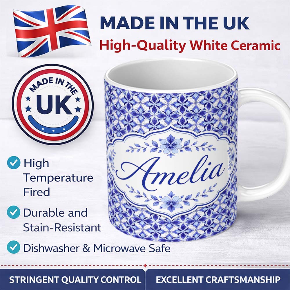 Personalized Custom Name Blue Geometric Floral Tile Seamless Pattern Ornamental Repeat Design 11oz Ceramic Coffee Tea Mug White Large Handle