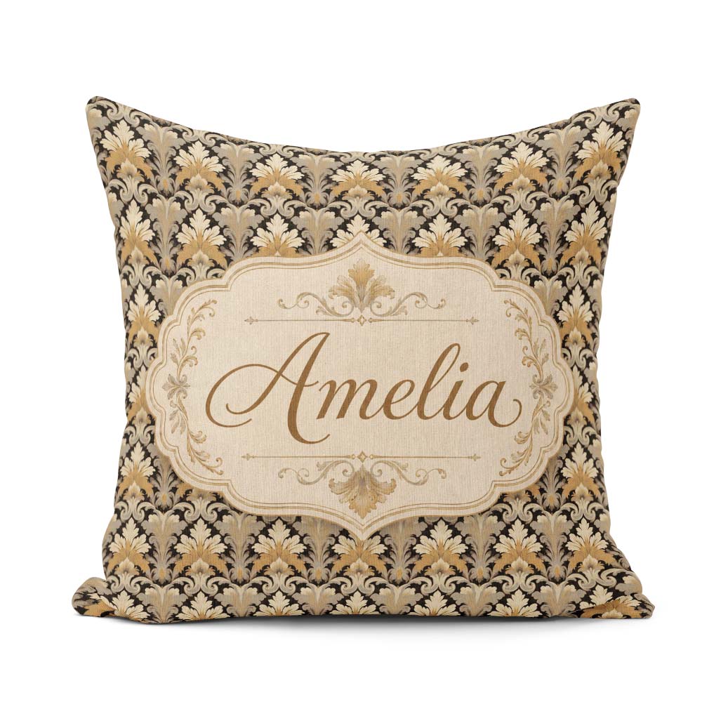 Custom Name Luxury Gold Leaf Damask on Black Background Seamless Square Filled Cushion Throw Pillow Sofa Bed Home Decor Zip Washable UK Made