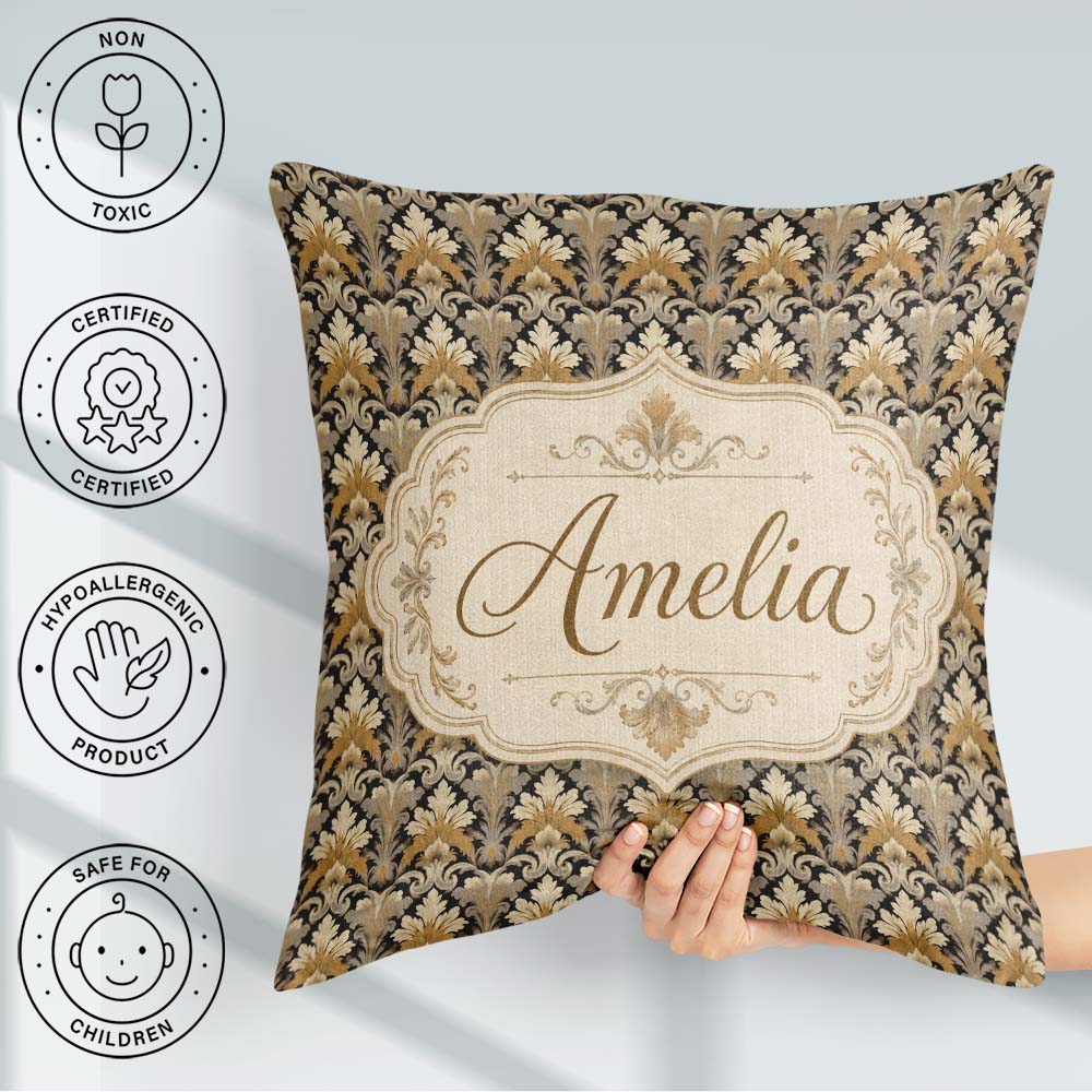 Custom Name Luxury Gold Leaf Damask on Black Background Seamless Square Filled Cushion Throw Pillow Sofa Bed Home Decor Zip Washable UK Made