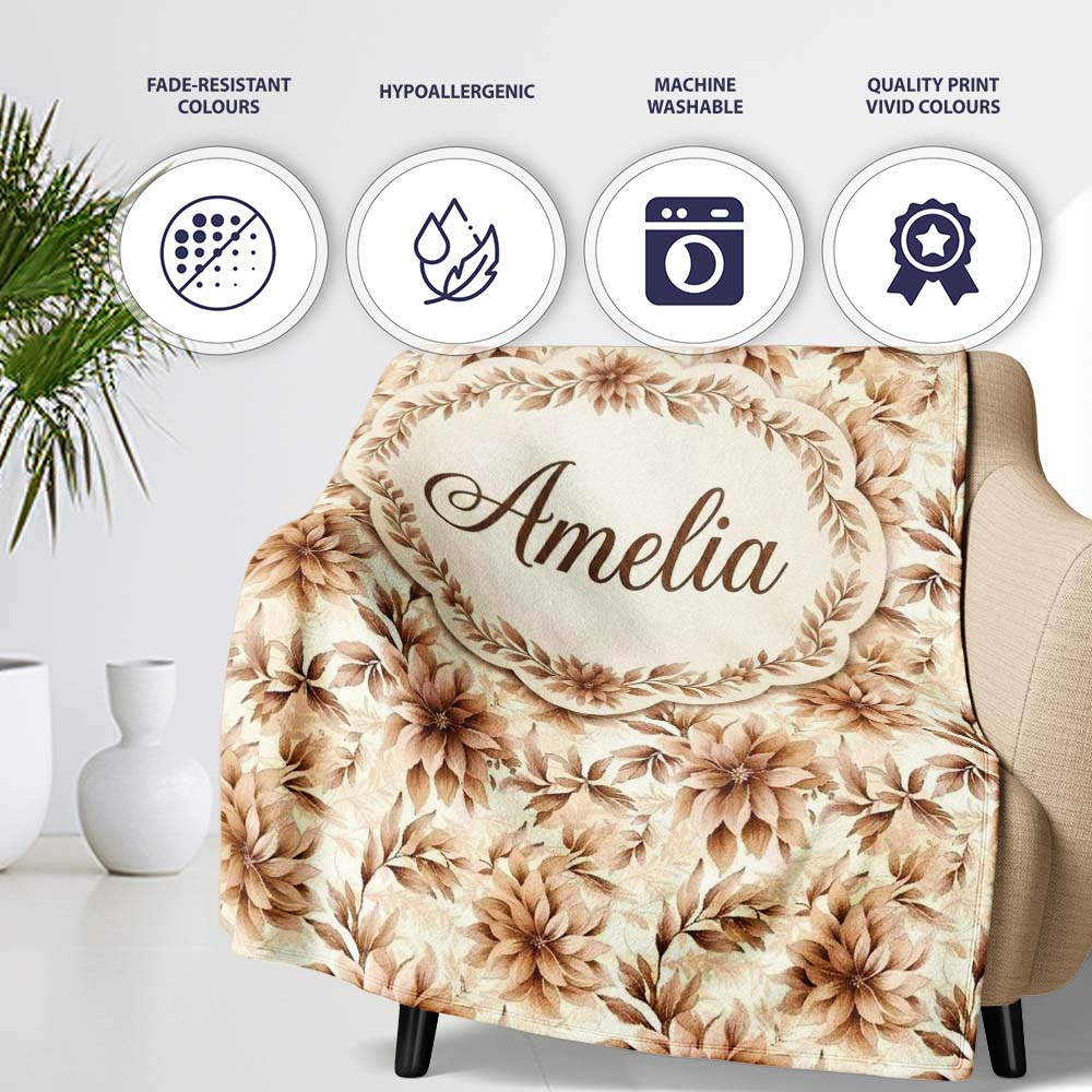 Soft Brown Floral Blossom Vintage Seamless Pattern Name Cute Unique Personalised Custom Name Super Soft Fleece Blanket Bed Sofa Throw