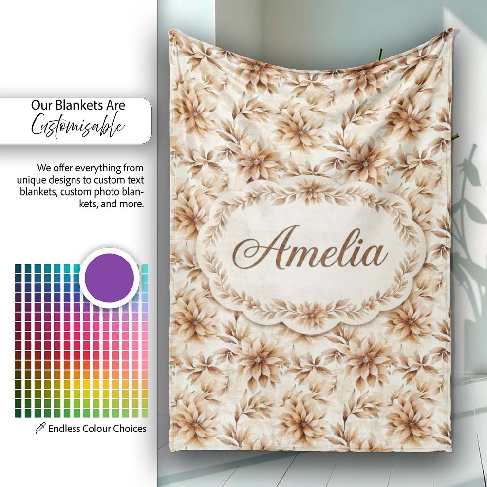 Soft Brown Floral Blossom Vintage Seamless Pattern Name Cute Unique Personalised Custom Name Super Soft Fleece Blanket Bed Sofa Throw