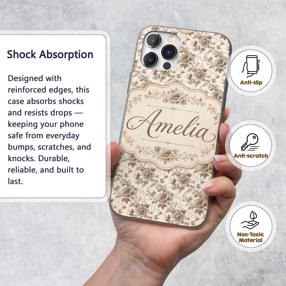 Vintage Neutral Rose Floral Garden Printed Design Custom Name Protective Phone Case Mobile Cover Durable Everyday Smartphone Shock Resistant