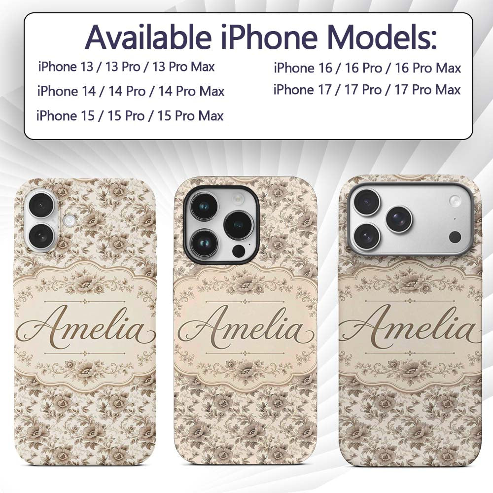Vintage Neutral Rose Floral Garden Printed Design Custom Name Protective Phone Case Mobile Cover Durable Everyday Smartphone Shock Resistant