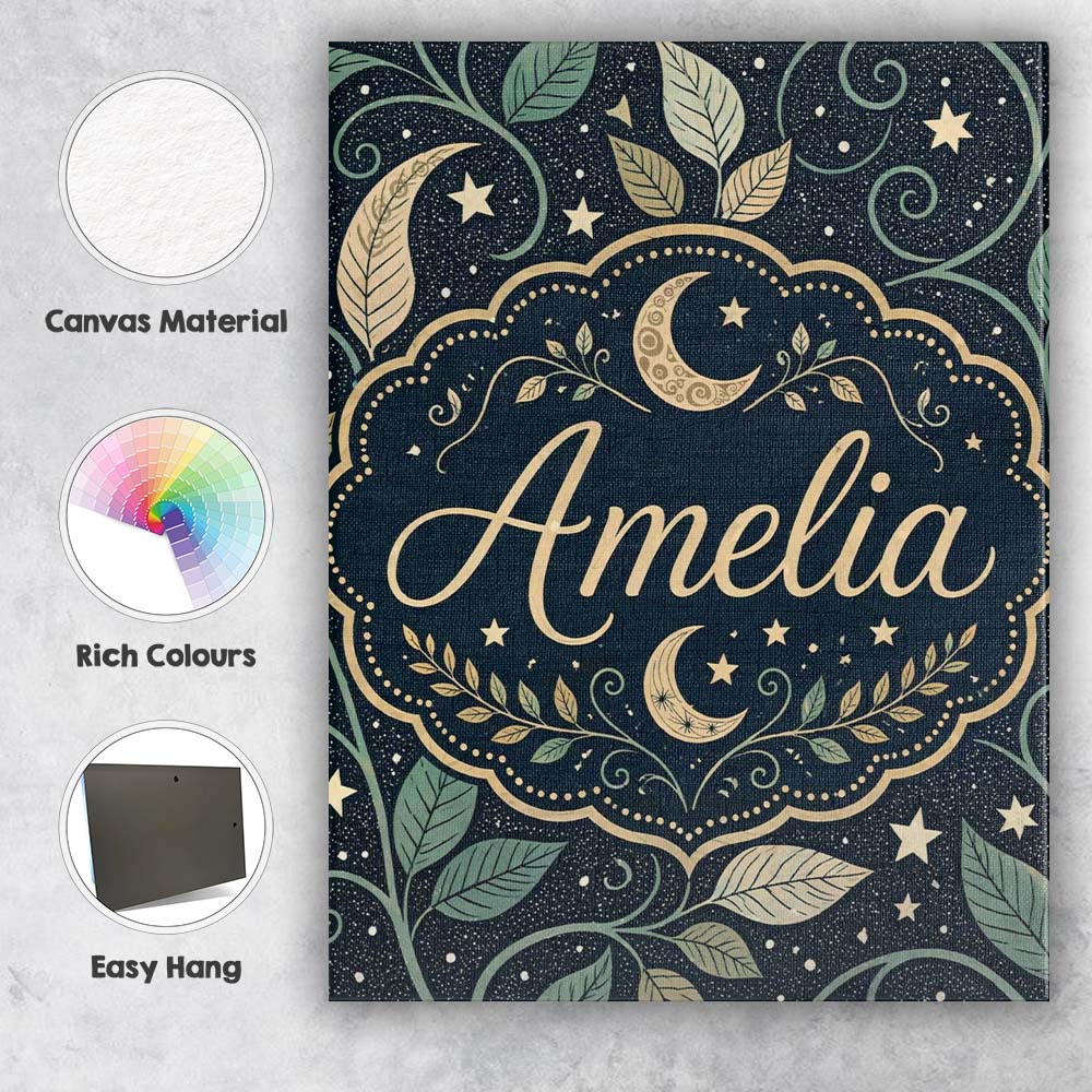 Personalised Name Celestial Moth Moon Stars Botanical Night Seamless Custom Home Canvas Wall Art Print Decor Picture Ready to Hang
