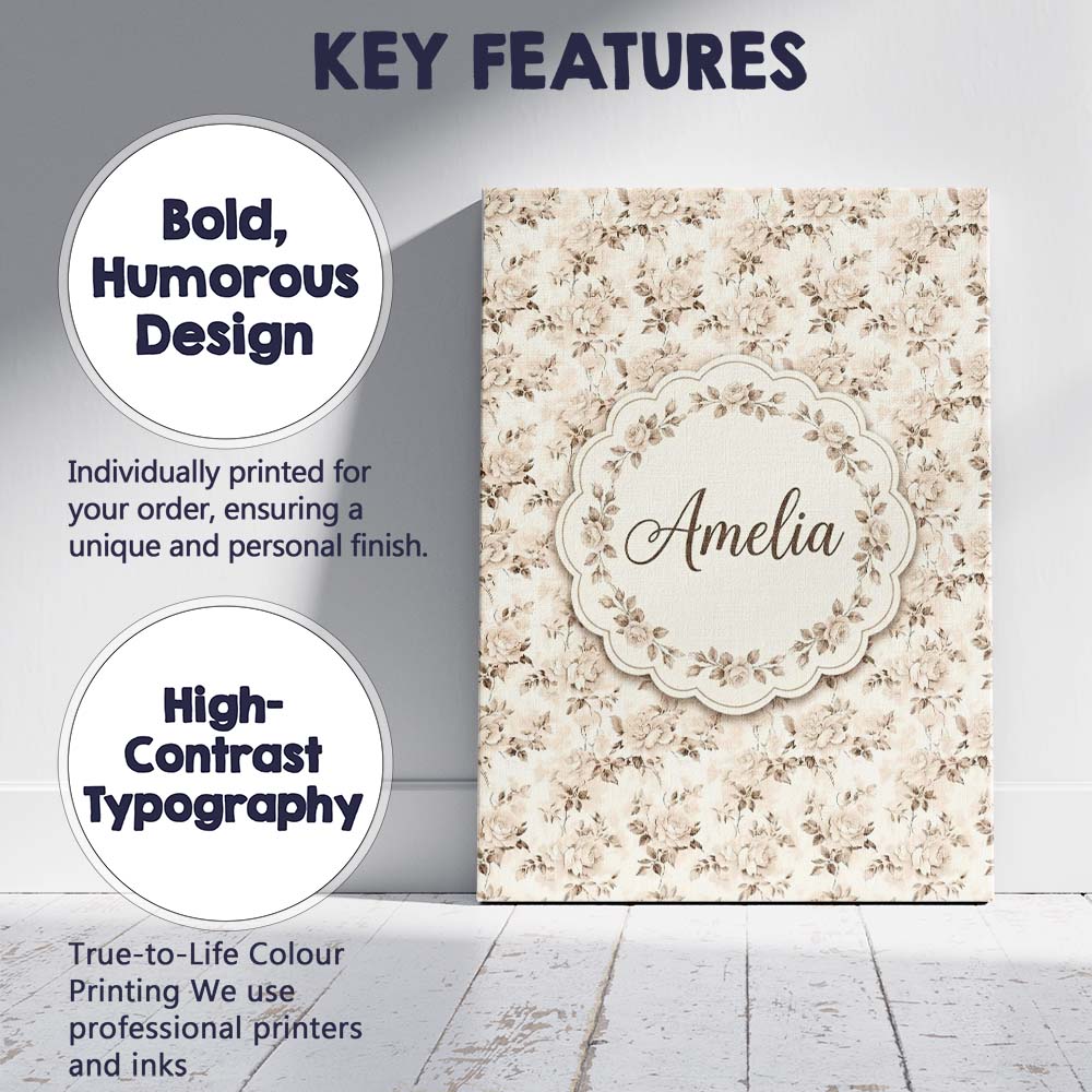 Personalised Name Shabby Chic Beige Rose Custom Unique Gift Idea Elegant Feature Canvas Wall Art Print Decor Picture Ready to Hang