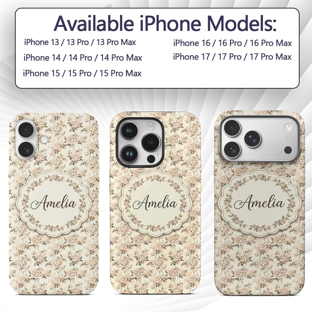 Shabby Chic Beige Rose Floral Seamless Pattern Custom Name Protective Phone Case Mobile Cover Durable Everyday Smartphone Shock Resistant