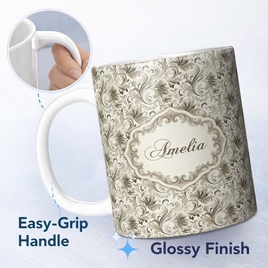 Personalized Custom Name Ornate Taupe Floral Scroll Vintage Seamless Pattern Name Cute 11oz Ceramic Coffee Tea Mug White Large Handle
