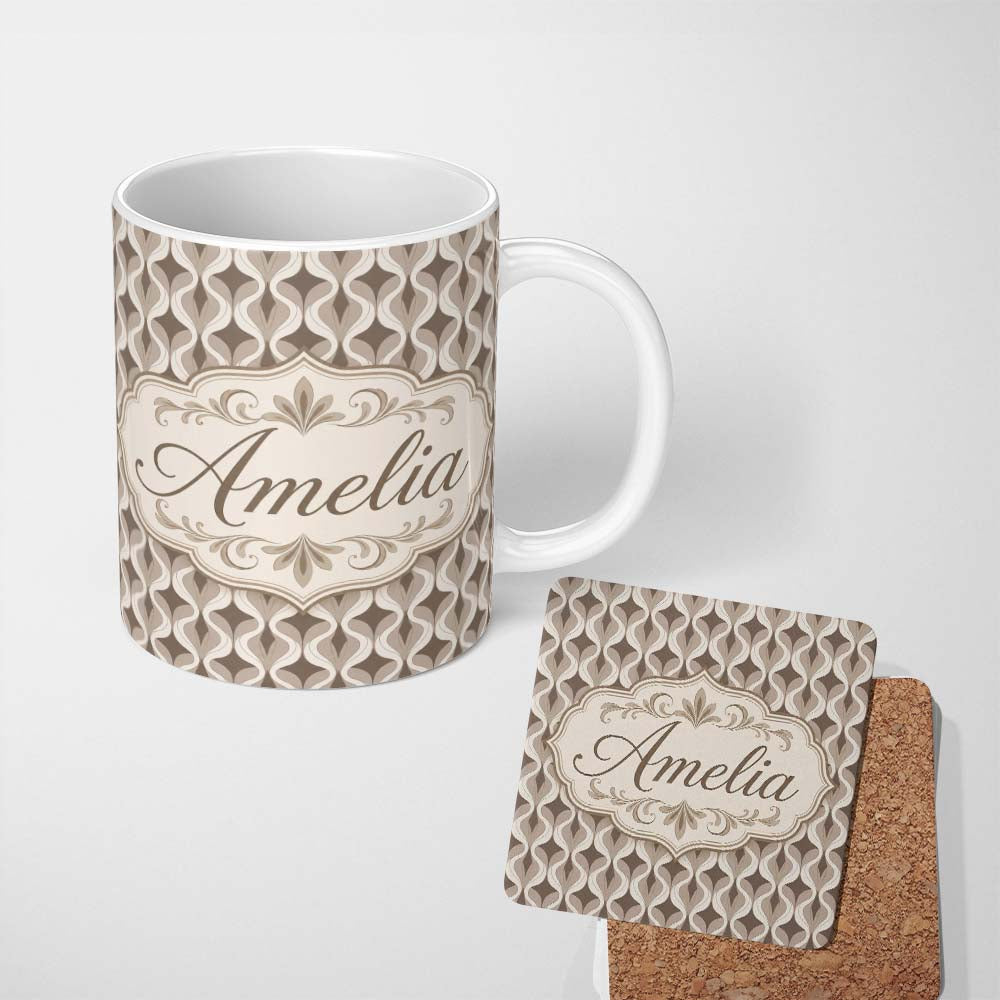 Personalized Custom Name Geometric Wave Abstract Neutral Seamless Pattern Name Cute Unique 11oz Ceramic Coffee Tea Mug White Large Handle
