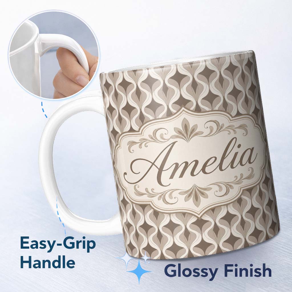 Personalized Custom Name Geometric Wave Abstract Neutral Seamless Pattern Name Cute Unique 11oz Ceramic Coffee Tea Mug White Large Handle