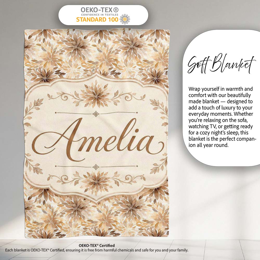 Elegant Beige Floral Watercolor Petal Burst Seamless Pattern Name Personalised Custom Name Super Soft Fleece Blanket Bed Sofa Throw