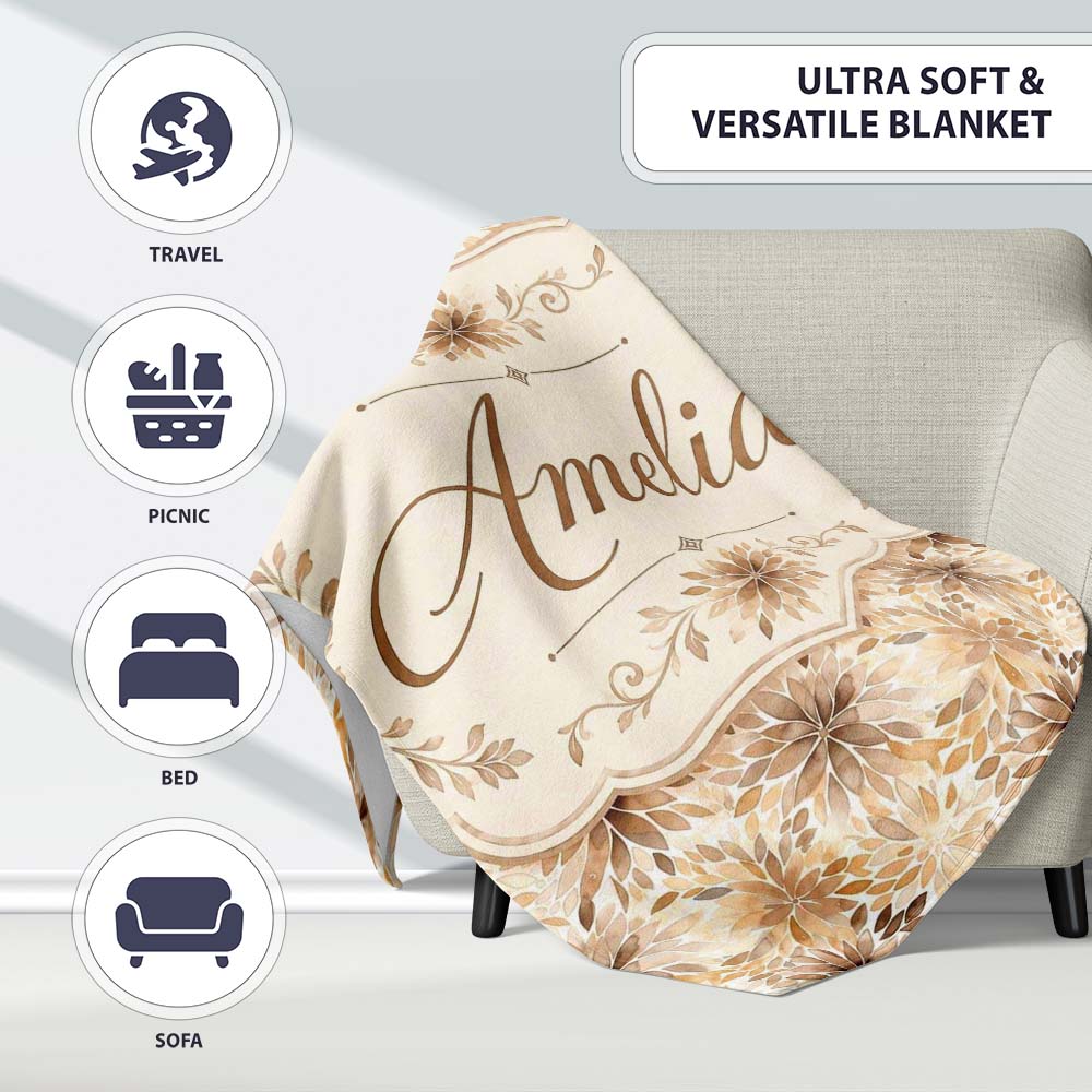 Elegant Beige Floral Watercolor Petal Burst Seamless Pattern Name Personalised Custom Name Super Soft Fleece Blanket Bed Sofa Throw