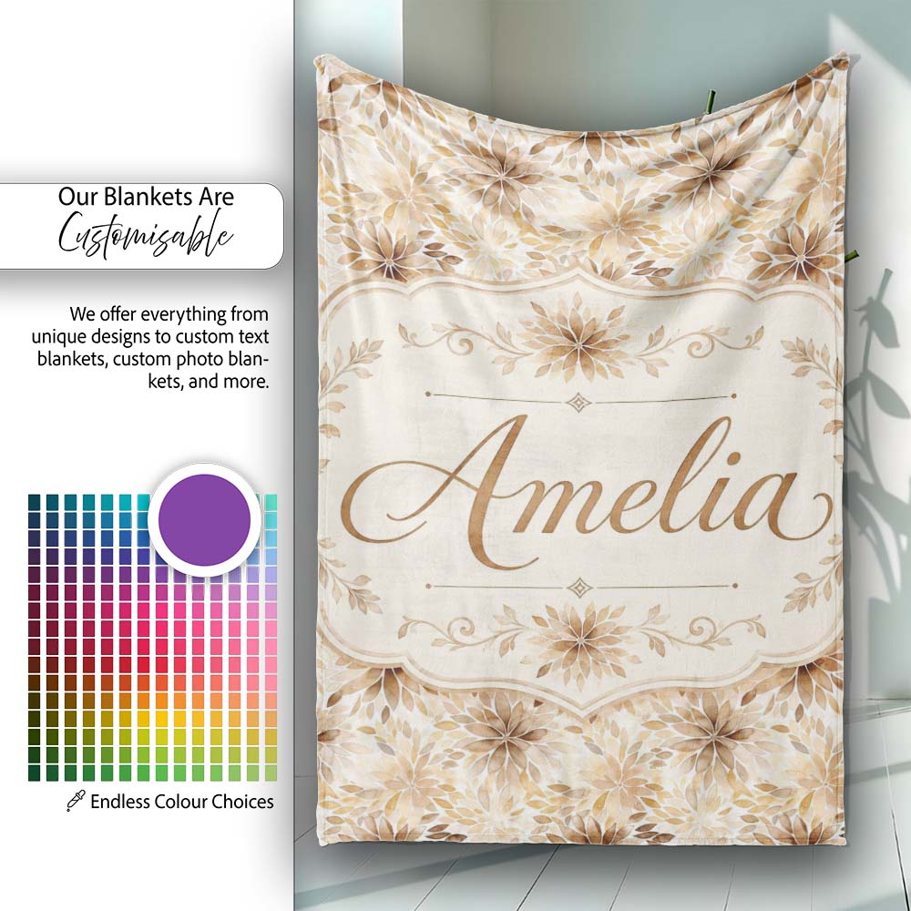 Elegant Beige Floral Watercolor Petal Burst Seamless Pattern Name Personalised Custom Name Super Soft Fleece Blanket Bed Sofa Throw