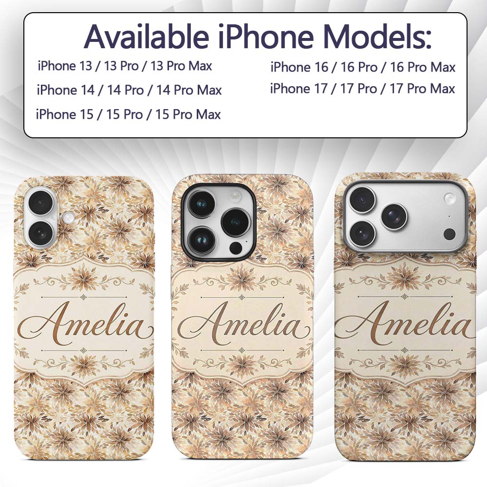 Elegant Beige Floral Watercolor Printed Design Custom Name Protective Phone Case Mobile Cover Durable Everyday Smartphone Shock Resistant
