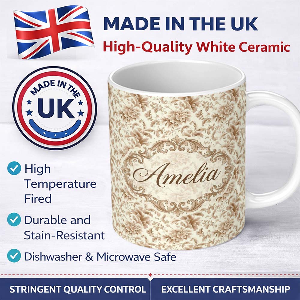 Personalized Custom Name Vintage Cream Floral Damask Scroll Seamless Pattern Name Cute 11oz Ceramic Coffee Tea Mug White Large Handle