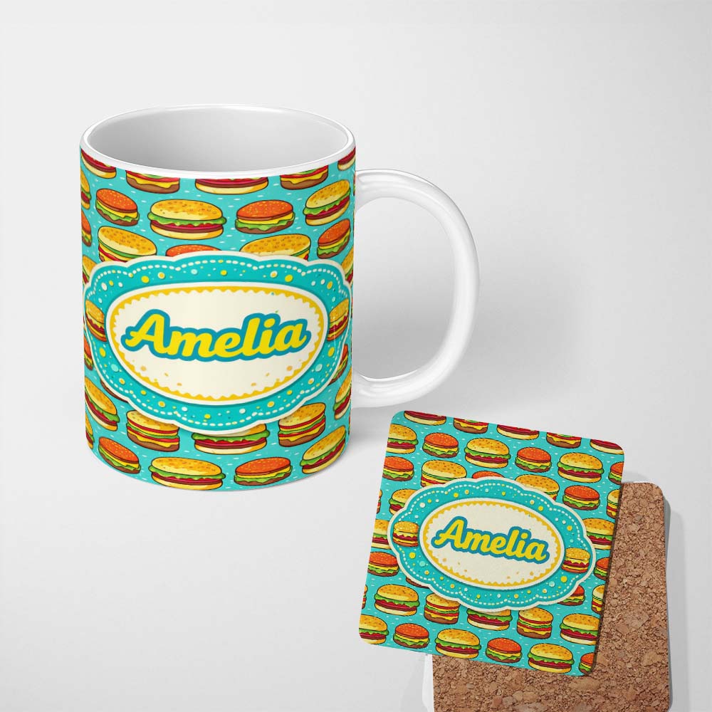 Personalized Custom Name Cute Burger Cartoon Seamless Pattern Blue Background Food Design 11oz Ceramic Coffee Tea Mug White Large Handle
