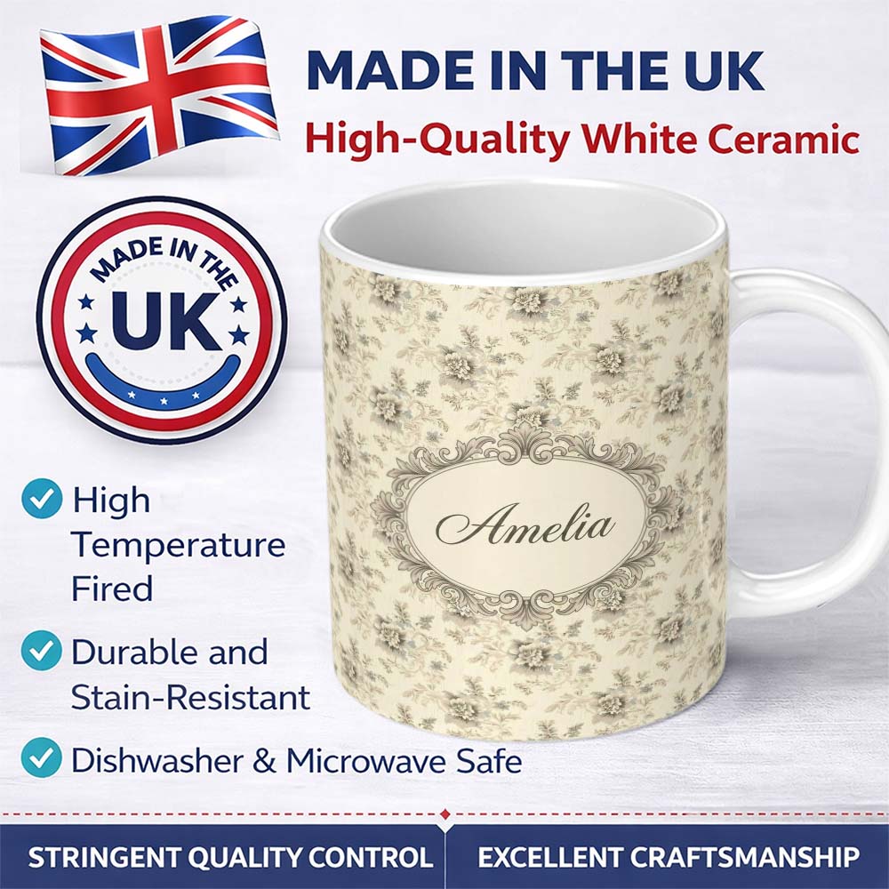 Personalized Custom Name Soft Neutral Floral Bouquet Classic Seamless Pattern Name Cute 11oz Ceramic Coffee Tea Mug White Large Handle