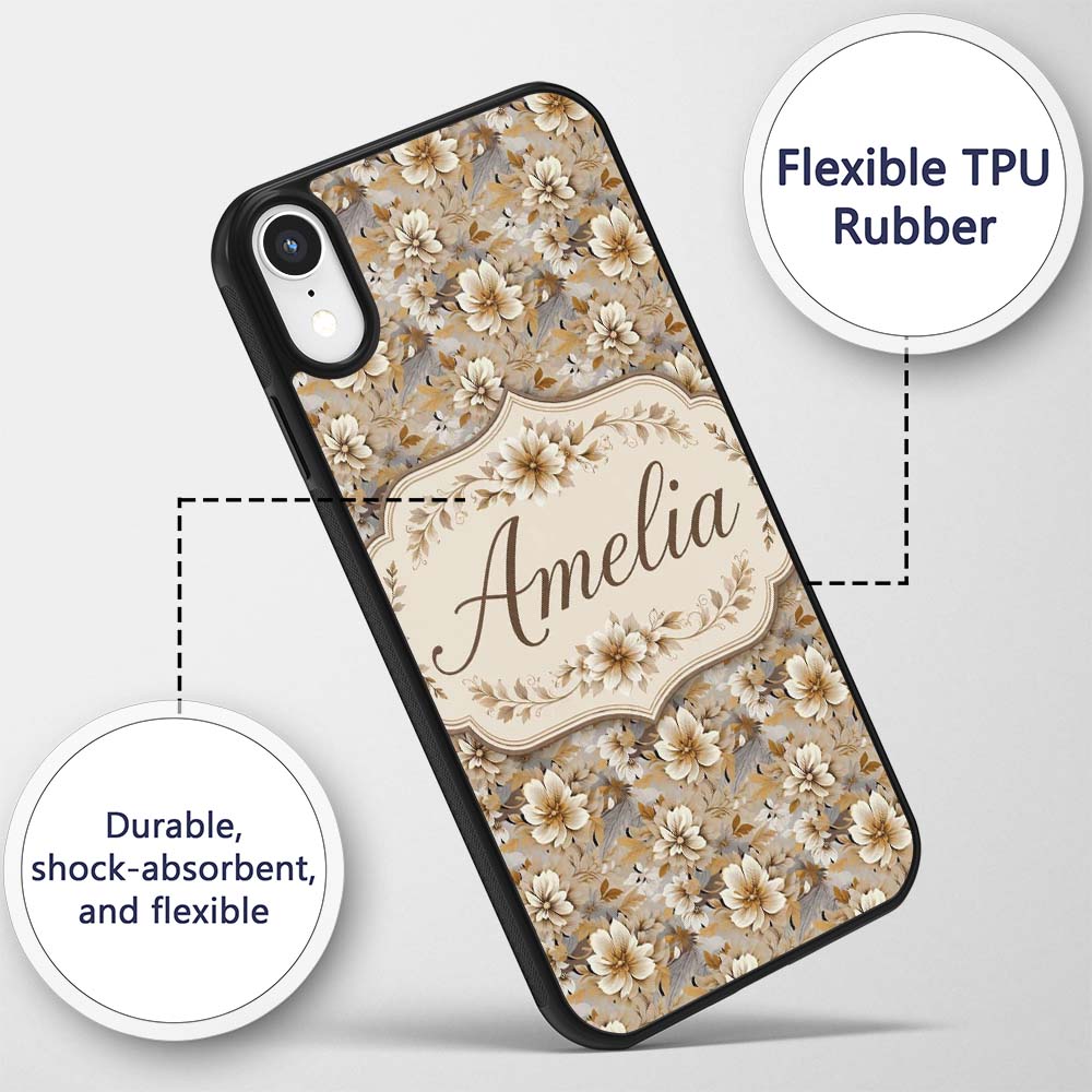 Warm Beige Botanical Flower Garden Printed Design Custom Name Protective Phone Case Mobile Cover Durable Everyday Smartphone Shock Resistant