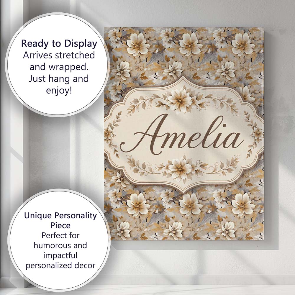 Personalised Name Warm Beige Botanical Custom Modern Room Accent Elegant Feature Canvas Wall Art Print Decor Picture Ready to Hang