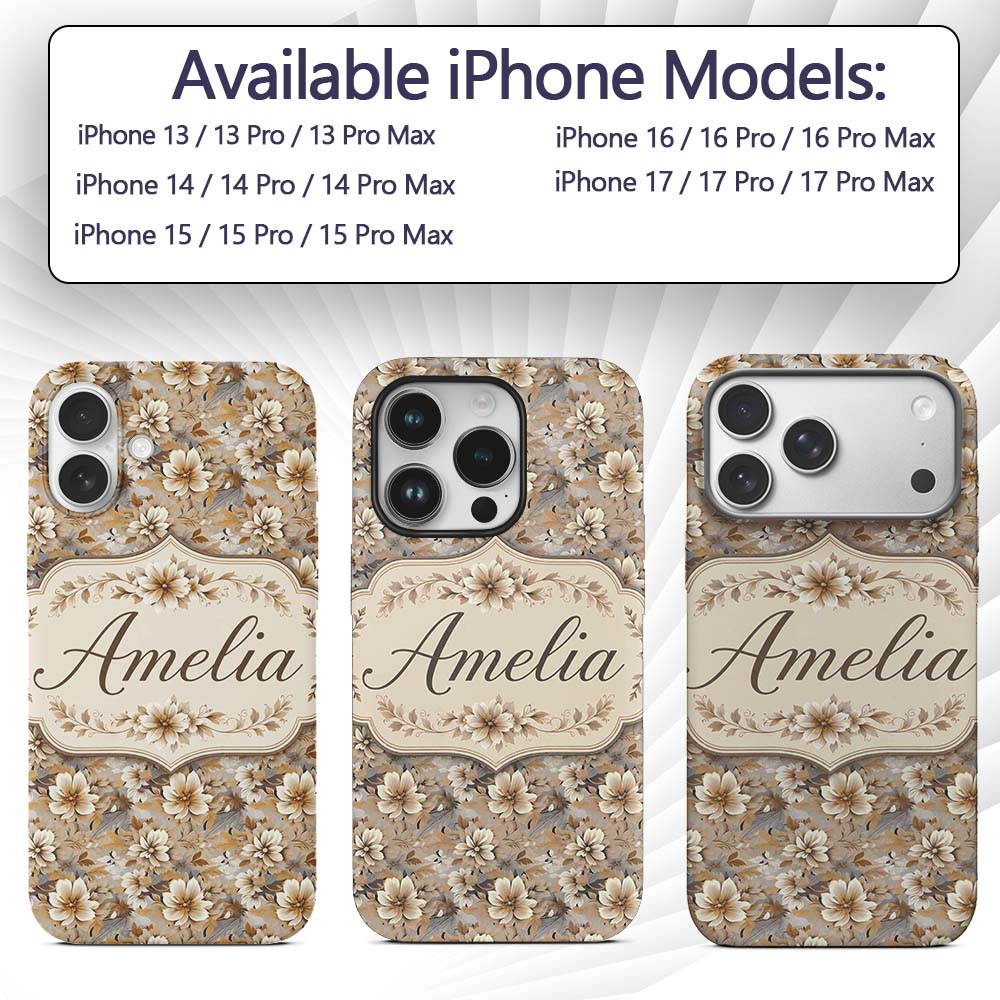 Warm Beige Botanical Flower Garden Printed Design Custom Name Protective Phone Case Mobile Cover Durable Everyday Smartphone Shock Resistant