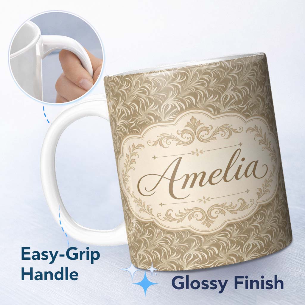 Personalized Custom Name Abstract Taupe Leaf Swirl Artistic Seamless Pattern Name Cute 11oz Ceramic Coffee Tea Mug White Large Handle