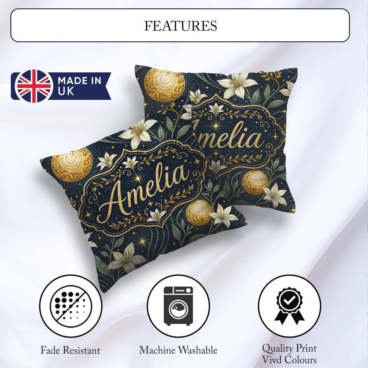 Custom Name Glowing Red Poppy Flowers Stars Sky Seamless Pattern Square Filled Cushion Throw Pillow Sofa Bed Home Decor Zip Washable UK Made