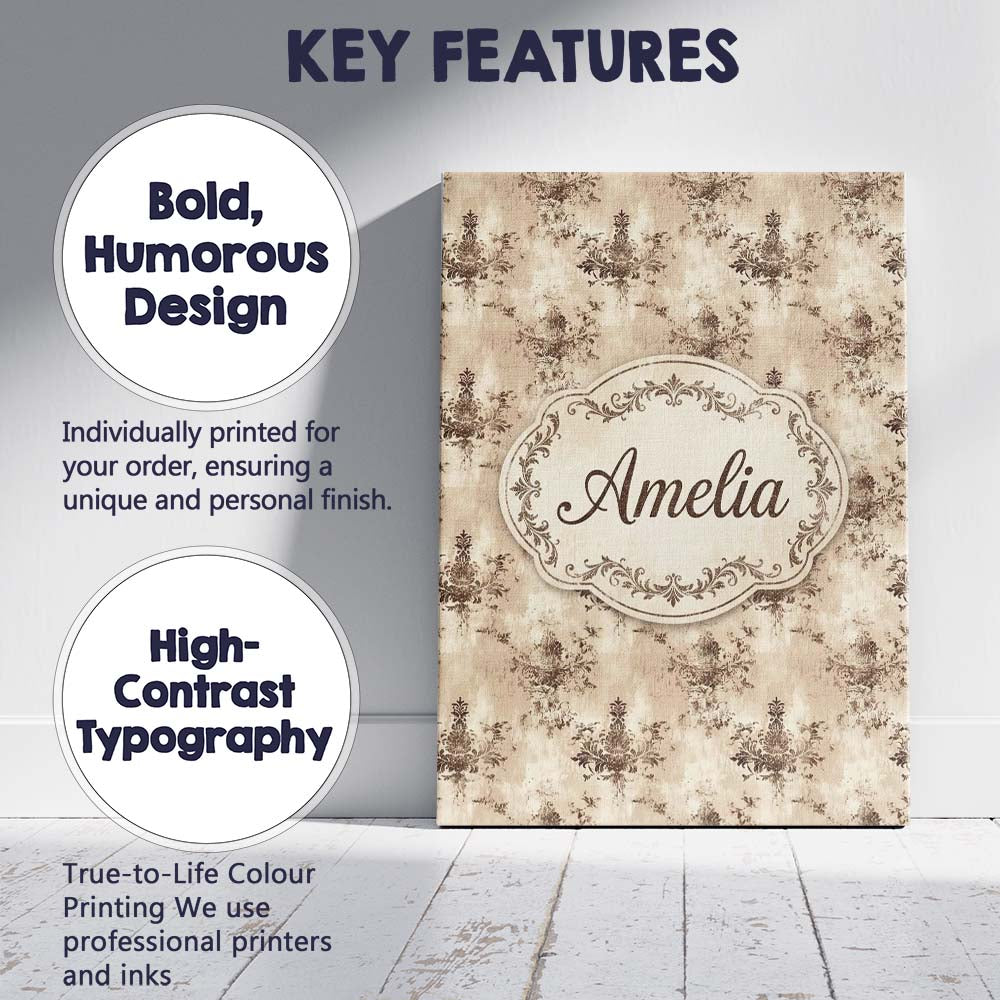 Personalised Name Rustic Distressed Damask Custom Unique Gift Idea Elegant Feature Canvas Wall Art Print Decor Picture Ready to Hang