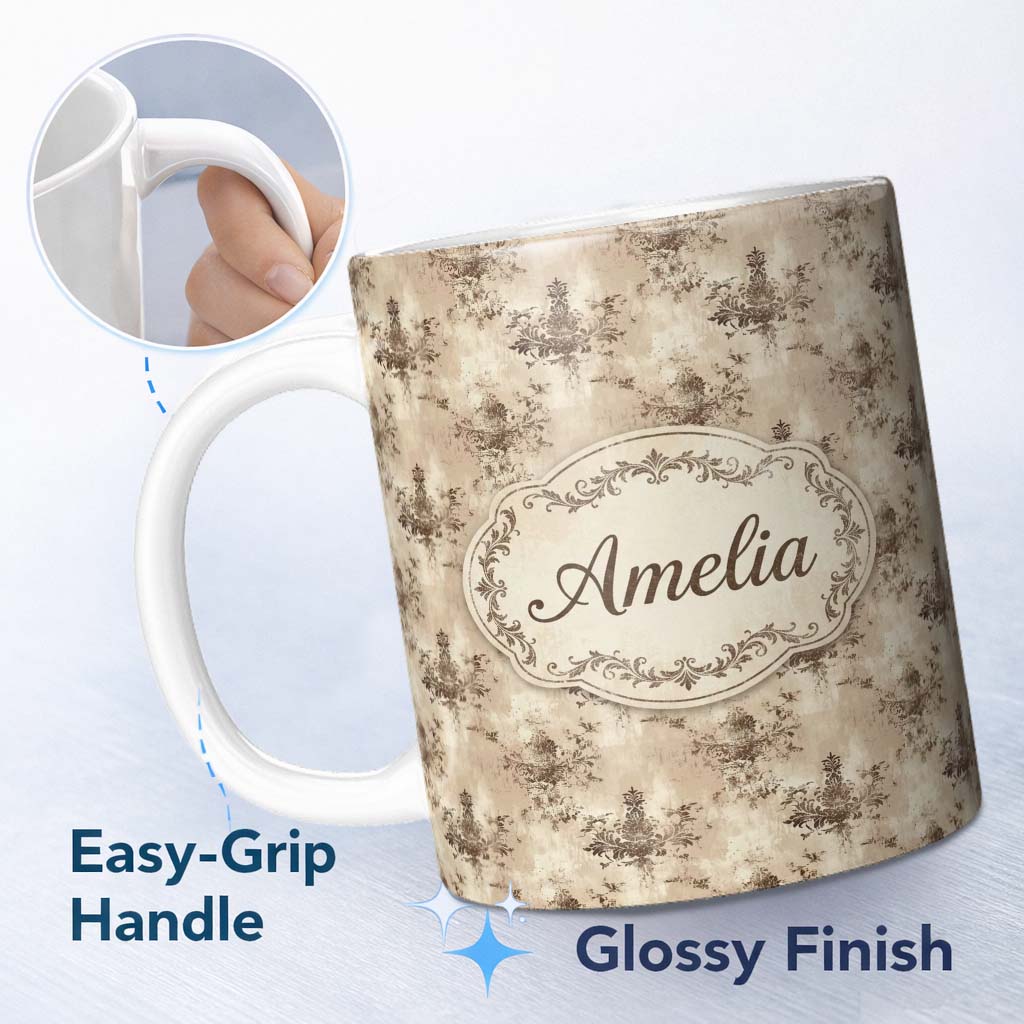 Personalized Custom Name Rustic Distressed Damask Vintage Texture Seamless Pattern Custom 11oz Ceramic Coffee Tea Mug White Large Handle