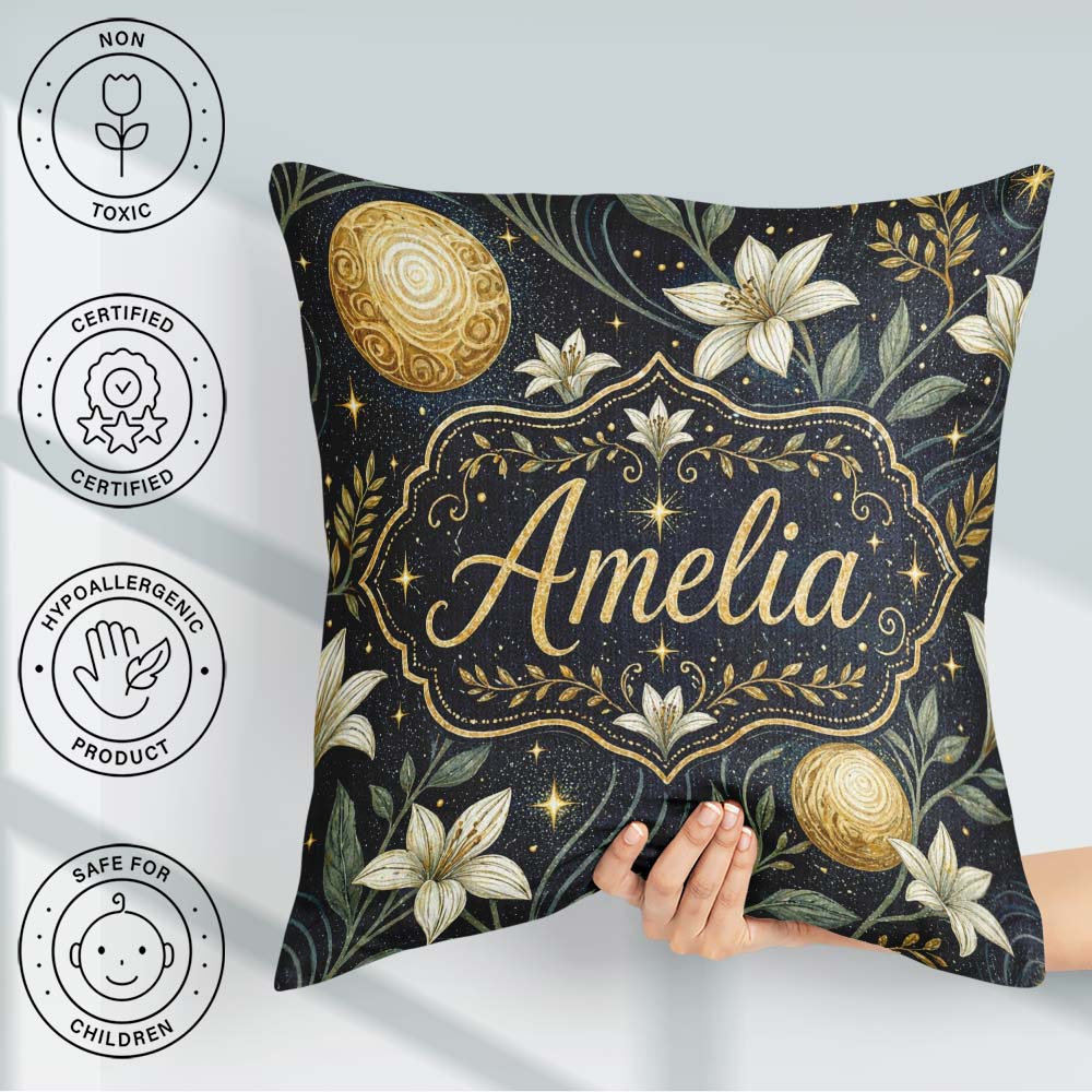Custom Name Glowing Red Poppy Flowers Stars Sky Seamless Pattern Square Filled Cushion Throw Pillow Sofa Bed Home Decor Zip Washable UK Made