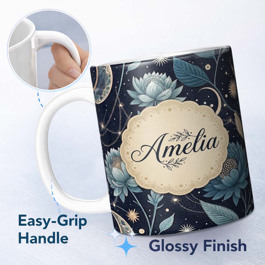 Personalized Custom Name Celestial Lotus Constellation Night Sky Seamless Pattern Lovely 11oz Ceramic Coffee Tea Mug White Large Handle
