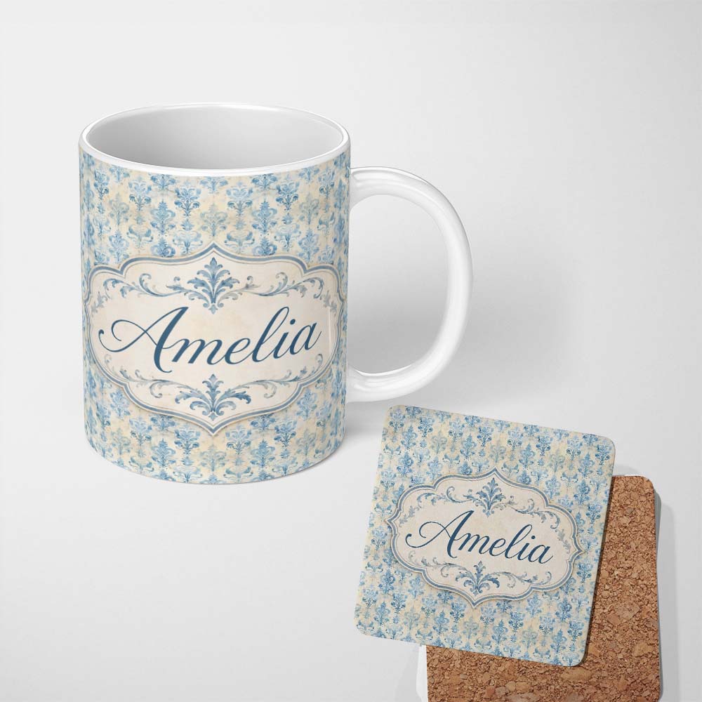 Personalized Custom Name Soft Blue Classic Damask Elegant Seamless Pattern Name Cute Unique 11oz Ceramic Coffee Tea Mug White Large Handle
