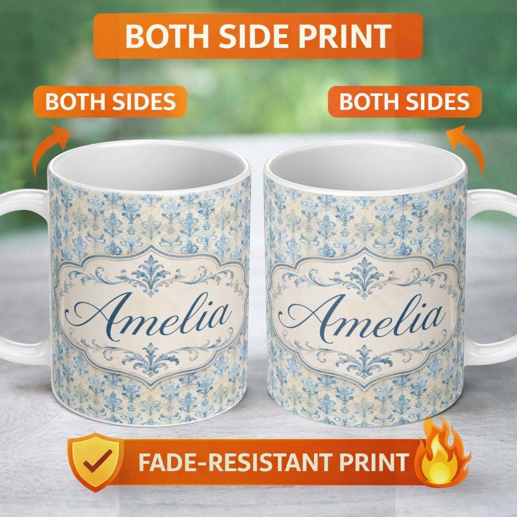 Personalized Custom Name Soft Blue Classic Damask Elegant Seamless Pattern Name Cute Unique 11oz Ceramic Coffee Tea Mug White Large Handle