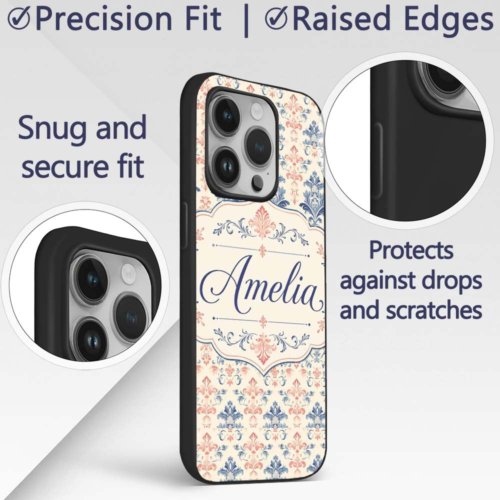 Classic Blue Red Damask Vintage Floral Seamless Custom Name Protective Phone Case Mobile Cover Durable Everyday Smartphone Shock Resistant