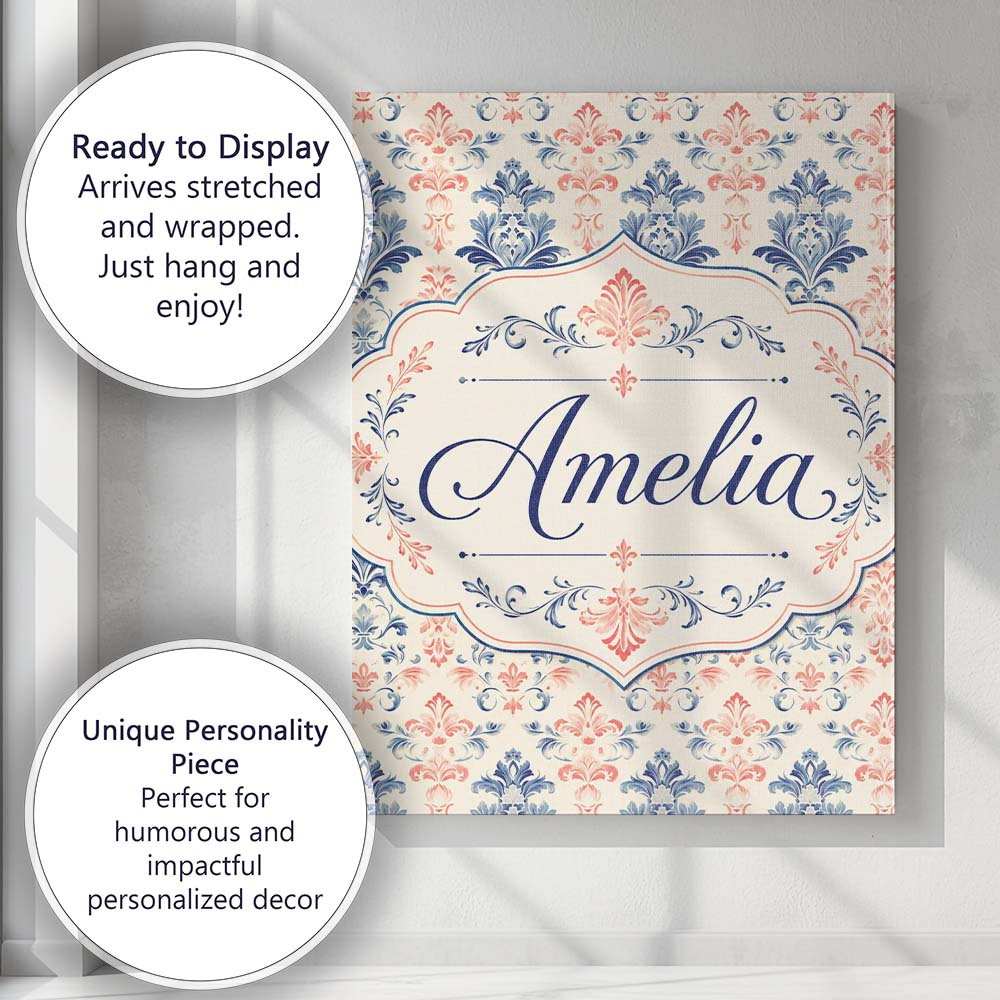 Personalised Name Classic Blue Red Damask Custom Unique Gift Idea Elegant Feature Canvas Wall Art Print Decor Picture Ready to Hang
