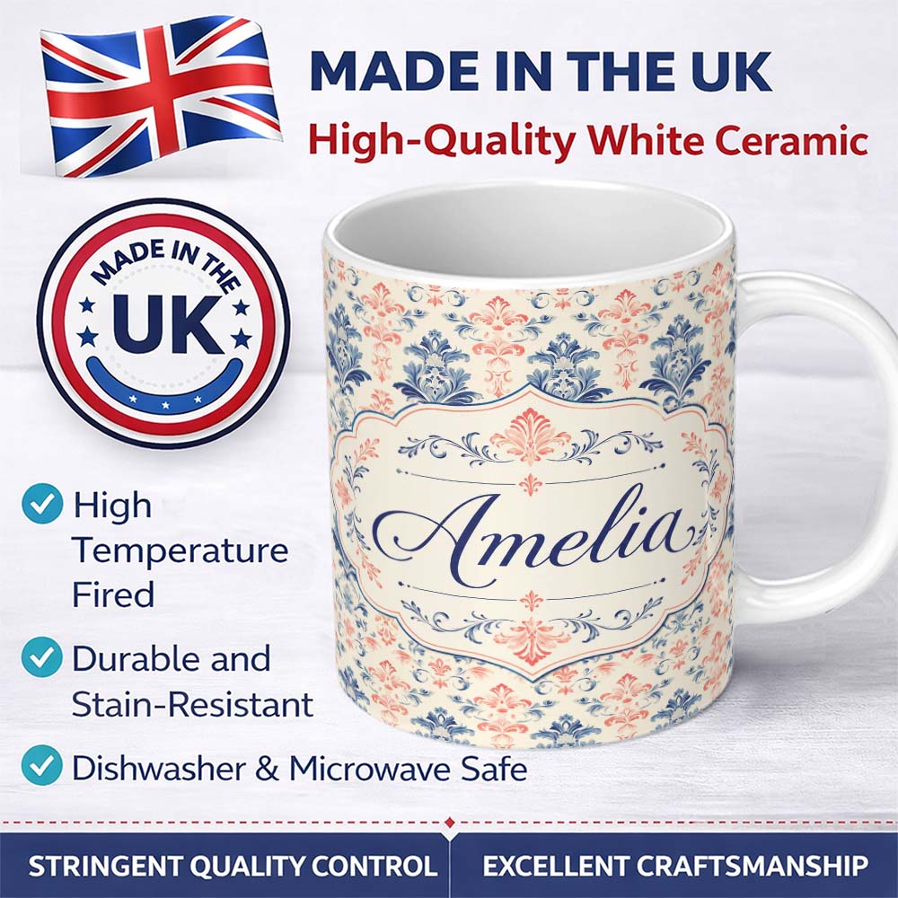Personalized Custom Name Classic Blue Red Damask Vintage Floral Seamless Pattern Name Cute 11oz Ceramic Coffee Tea Mug White Large Handle