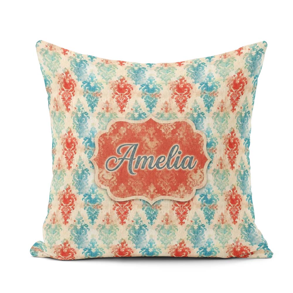 Custom Name Distressed Teal Red Ornamental Damask Grunge Pattern Square Filled Cushion Throw Pillow Sofa Bed Home Decor Zip Washable UK Made