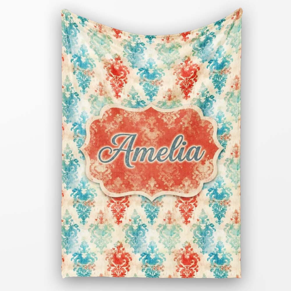 Distressed Teal Red Ornamental Damask Grunge Seamless Pattern Name Personalised Custom Name Super Soft Fleece Blanket Bed Sofa Throw