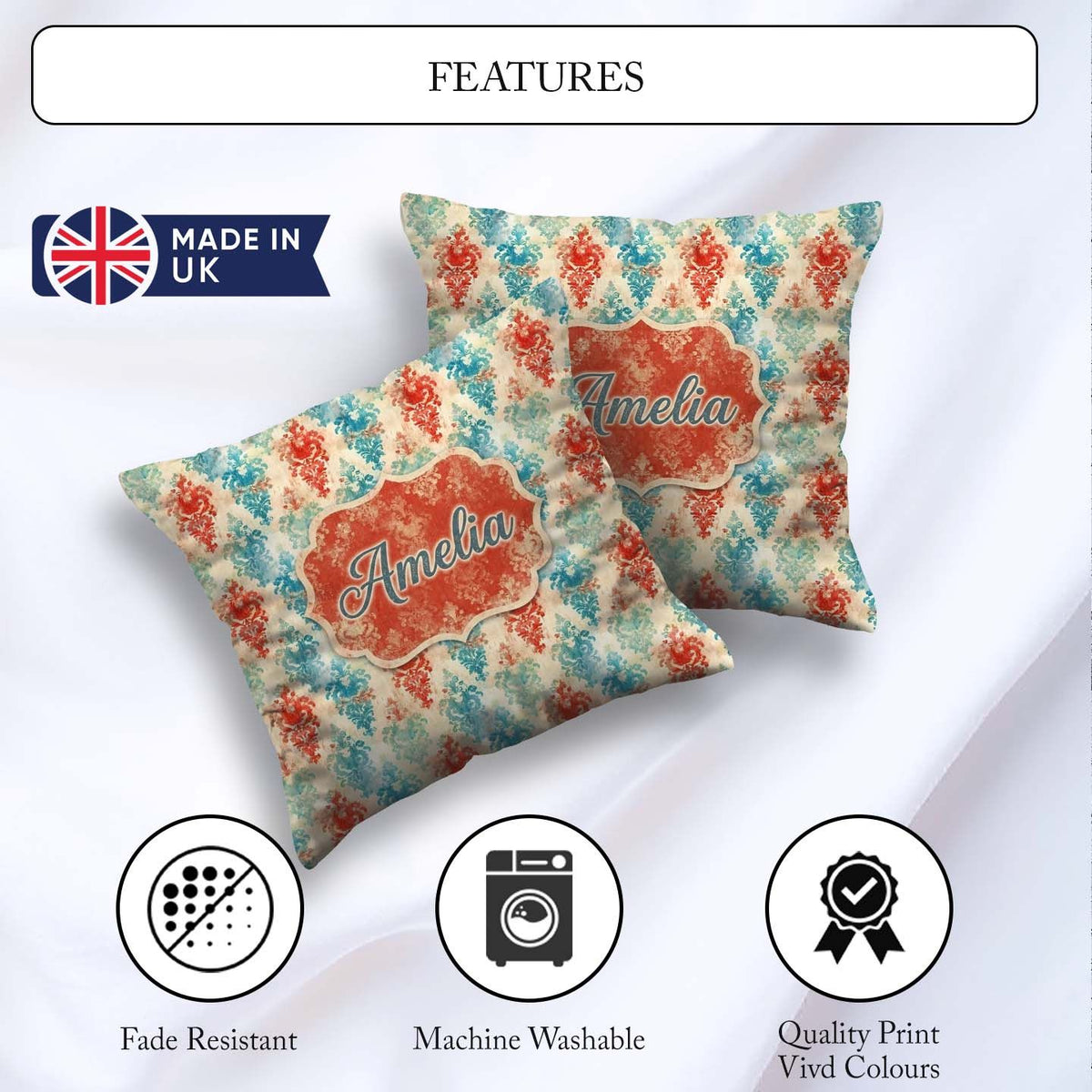 Custom Name Distressed Teal Red Ornamental Damask Grunge Pattern Square Filled Cushion Throw Pillow Sofa Bed Home Decor Zip Washable UK Made