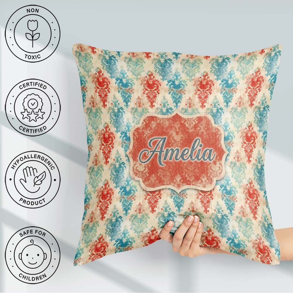 Custom Name Distressed Teal Red Ornamental Damask Grunge Pattern Square Filled Cushion Throw Pillow Sofa Bed Home Decor Zip Washable UK Made