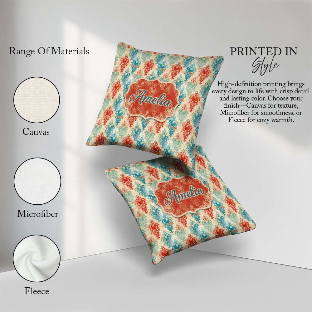 Custom Name Distressed Teal Red Ornamental Damask Grunge Pattern Square Filled Cushion Throw Pillow Sofa Bed Home Decor Zip Washable UK Made