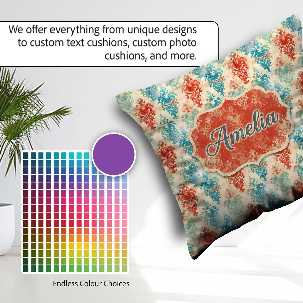 Custom Name Distressed Teal Red Ornamental Damask Grunge Pattern Square Filled Cushion Throw Pillow Sofa Bed Home Decor Zip Washable UK Made