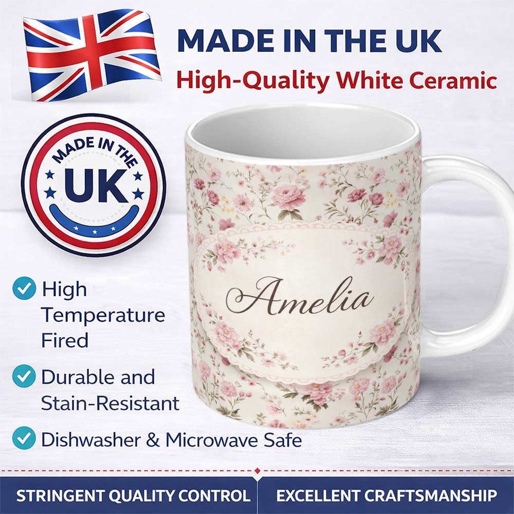 Personalized Custom Name Soft Pink Floral Garden Seamless Pattern Charming Kitchen Decor 11oz Ceramic Coffee Tea Mug White Large Handle