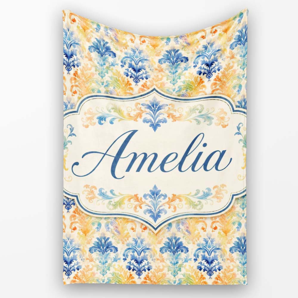 Vibrant Multicolor Ornate Damask Artistic Seamless Pattern Name Cute Personalised Custom Name Super Soft Fleece Blanket Bed Sofa Throw