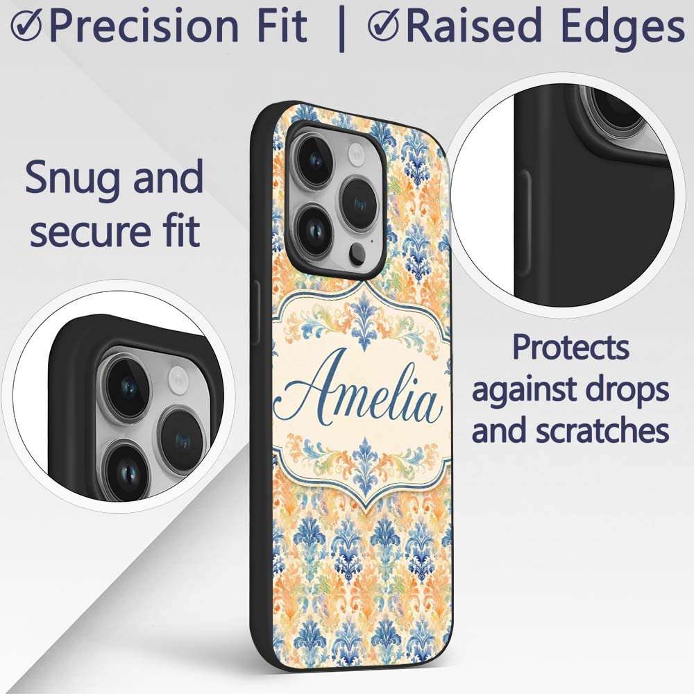 Vibrant Multicolor Ornate Damask Printed Design Custom Name Protective Phone Case Mobile Cover Durable Everyday Smartphone Shock Resistant