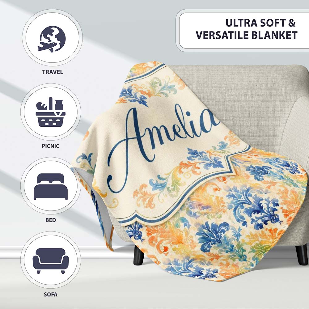 Vibrant Multicolor Ornate Damask Artistic Seamless Pattern Name Cute Personalised Custom Name Super Soft Fleece Blanket Bed Sofa Throw