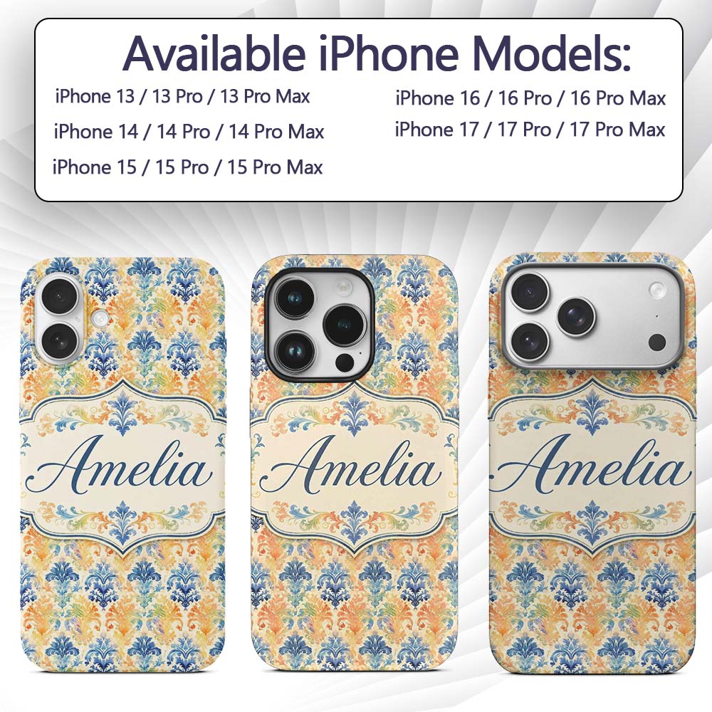Vibrant Multicolor Ornate Damask Printed Design Custom Name Protective Phone Case Mobile Cover Durable Everyday Smartphone Shock Resistant