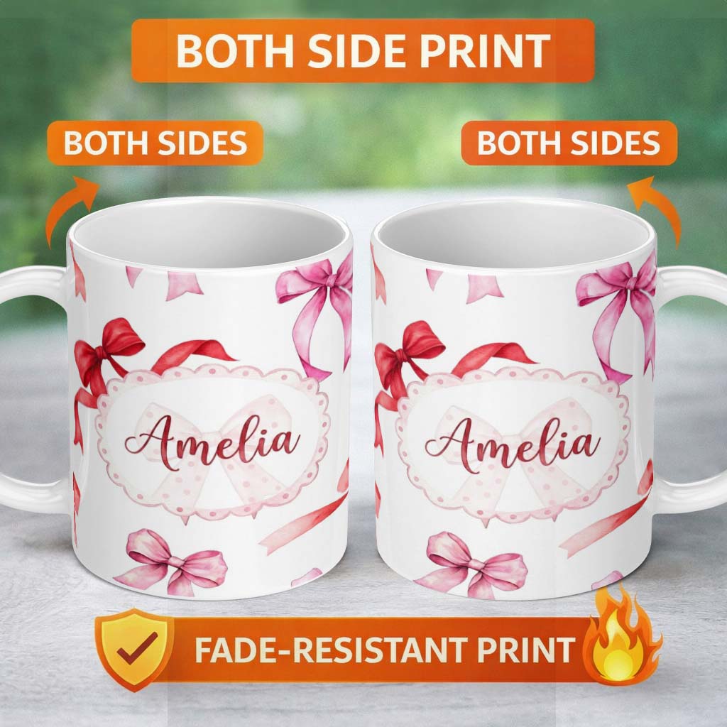 Personalized Custom Name Watercolor Red Pink Ribbon Bows Light Grey Background Cute Girly 11oz Ceramic Coffee Tea Mug White Large Handle
