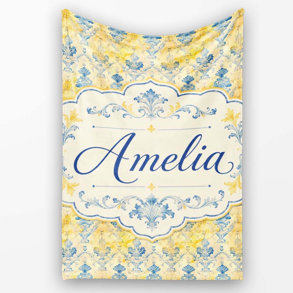 Elegant Blue Gold Marble Effect Damask Seamless Pattern Name Cute Personalised Custom Name Super Soft Fleece Blanket Bed Sofa Throw